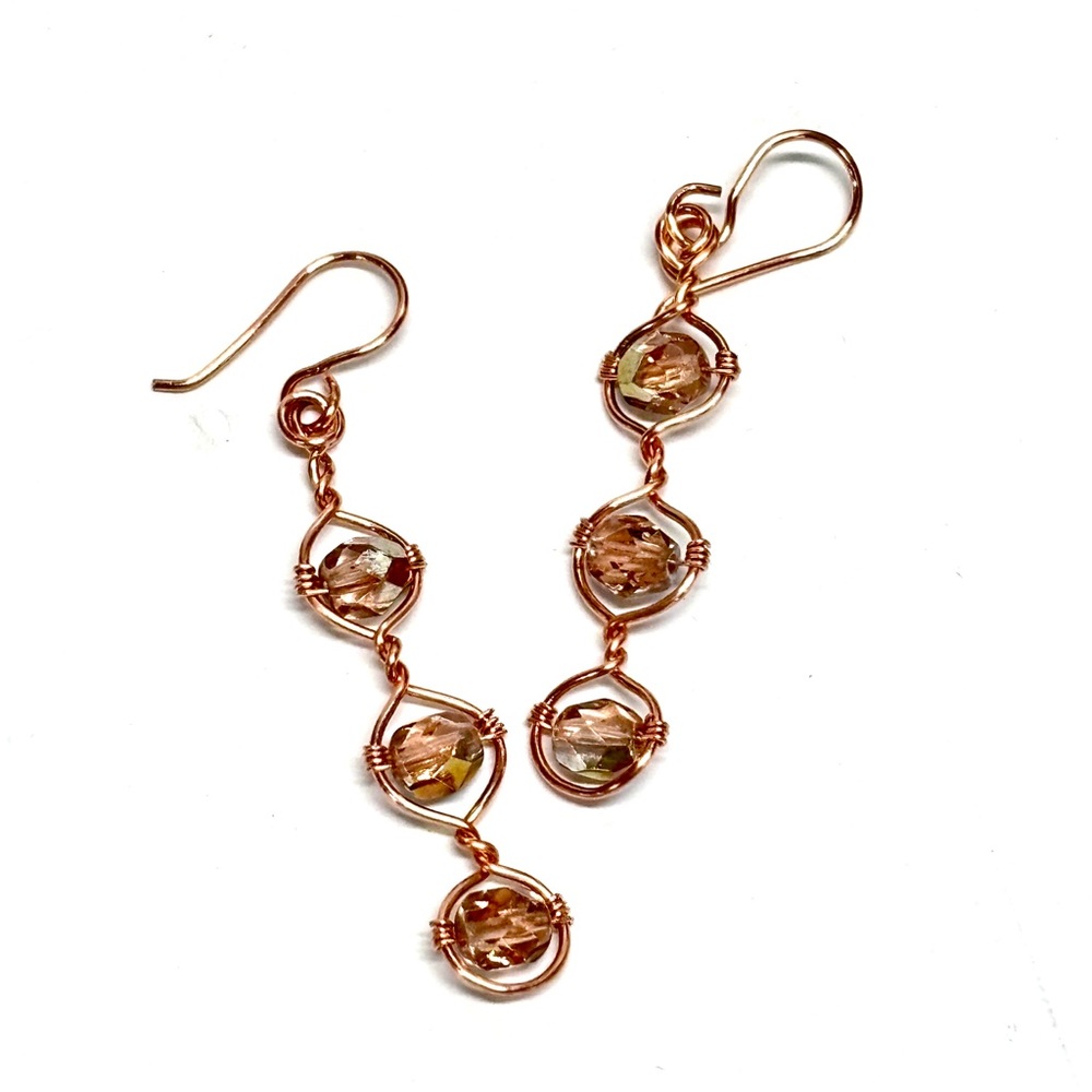 HAND CRAFTED Faceted Glass Wire Wrapped Copper Modern Dangle Earrings
